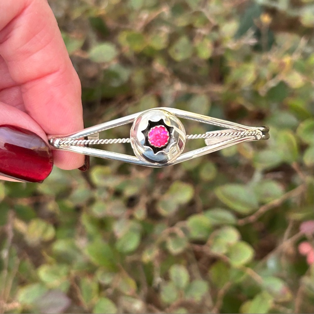 Navajo Hand Made 925 Sterling & Pink Opal Stone Cuff